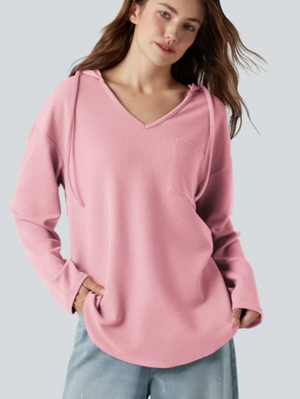 HALARA Hooded Drawstring Long Sleeve Curved Hem Waffle Sweatshirt with Pocket